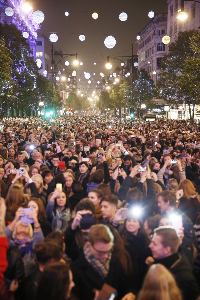 LONDON, ENGLAND - NOVEMBER 01:  A general view of the atmosphere during The World Famous Oxford Street Christmas Lights Switch On Event taking place at the Pandora Flagship Store on November 1, 2015 in London, England.  (Photo by Tabatha Fireman/Getty Images for New West End Company)